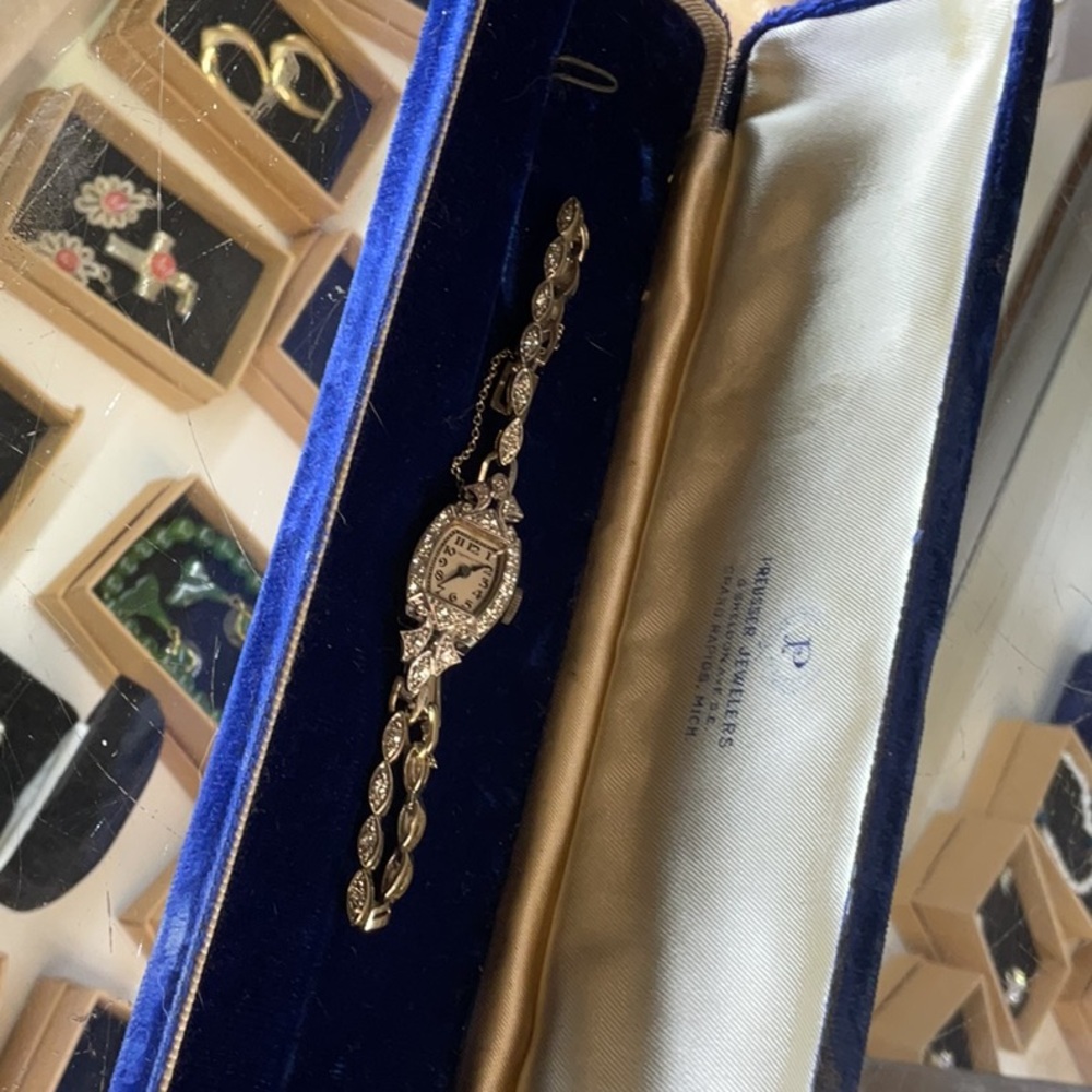 Art Deco Diamond Accent White Gold Watch w/ Blue Velvet Case
